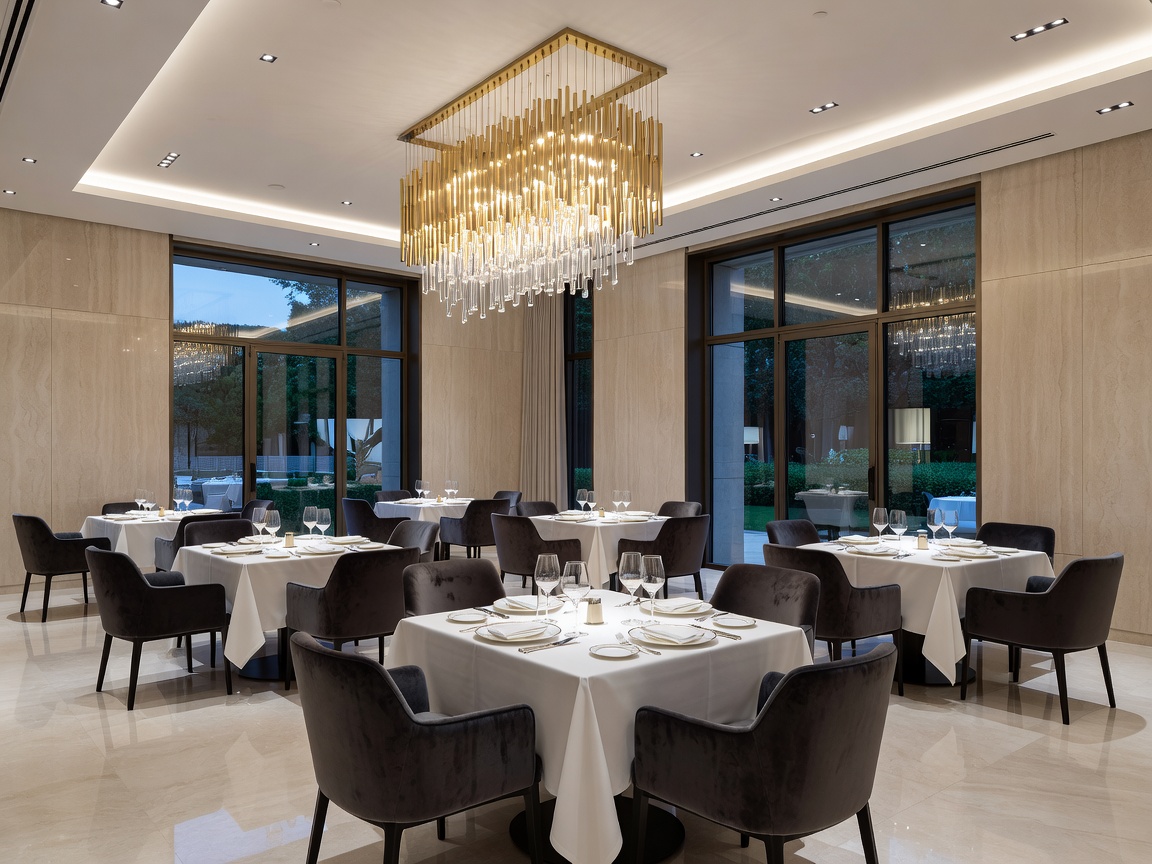 Elegant luxury hotel restaurant interior with modern lighting