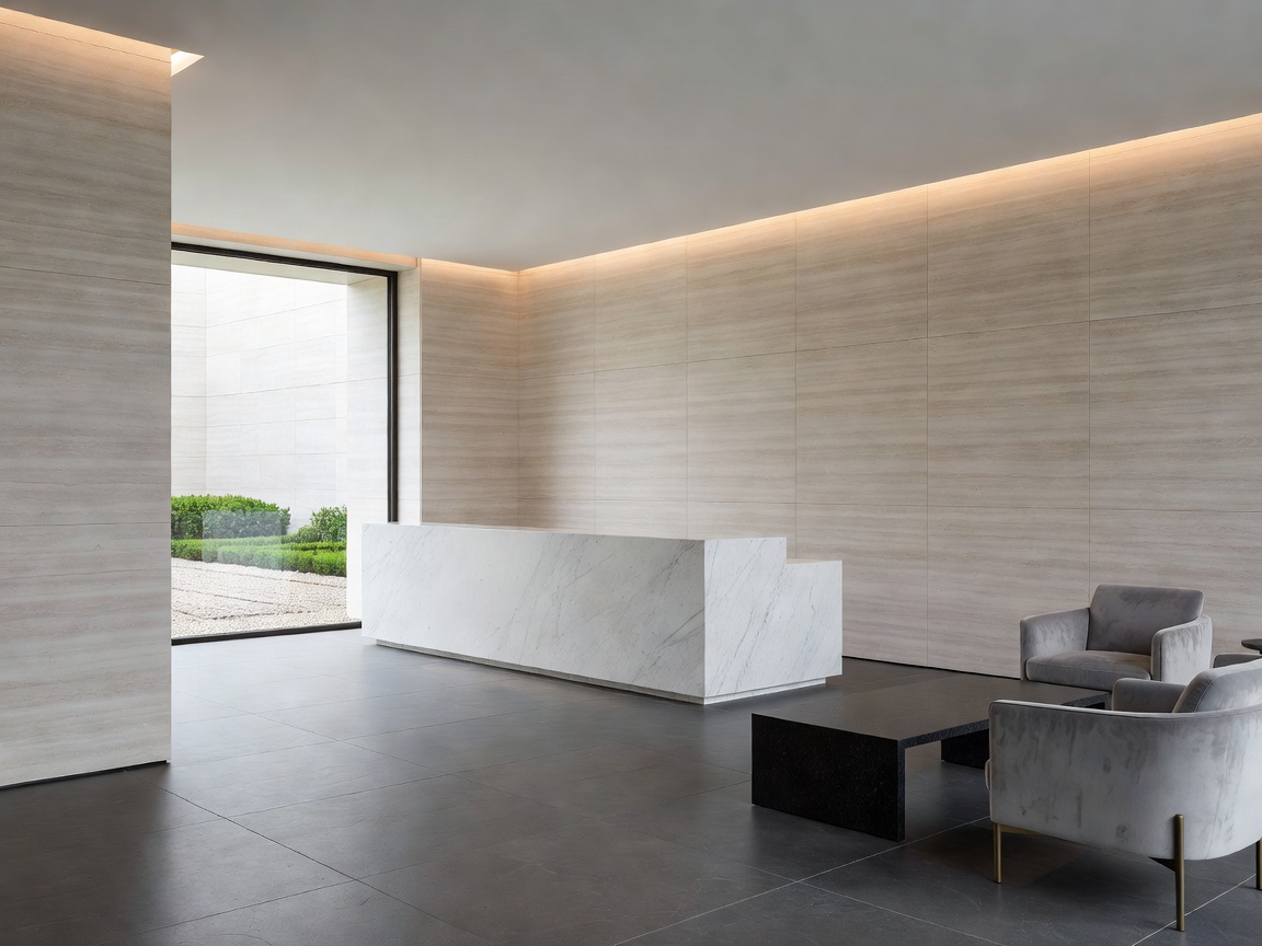 Minimalist luxury hotel lobby interior with stone finishes